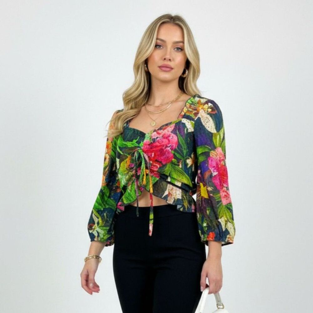BTFL Life Blue Multi Print Cropped Peasant Boho 3/4 Sleeve Blouse Top NEW S